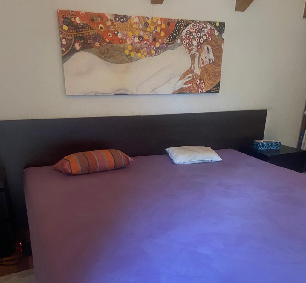 Modernes Doppel-Wasserbett mit lila Bettlaken und zwei Kissen, an der Wand ein Gemälde im Stil von Gustav Klimt.