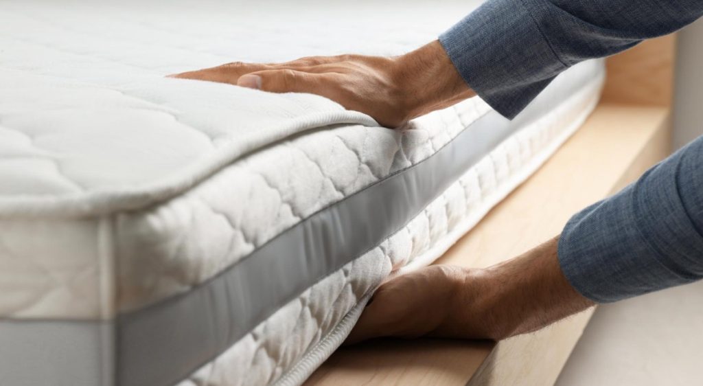 Hände prüfen den Zustand einer Matratze oder eines Wasserbetts, um zu entscheiden, ob ein Austausch erforderlich ist.